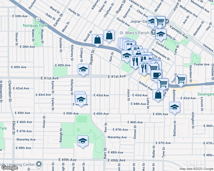 map of restaurants, bars, coffee shops, grocery stores, and more near 5739 Kerr Street in Vancouver