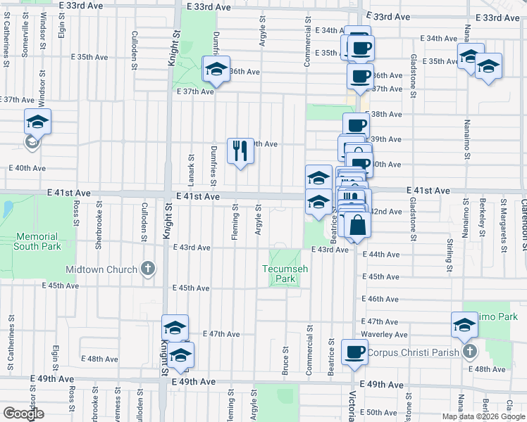 map of restaurants, bars, coffee shops, grocery stores, and more near 5762 Argyle Street in Vancouver