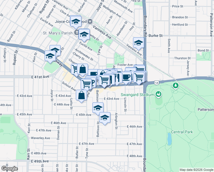 map of restaurants, bars, coffee shops, grocery stores, and more near 3503 Kingsway in Vancouver