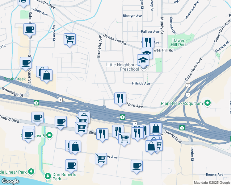 map of restaurants, bars, coffee shops, grocery stores, and more near 1935 Brunette Avenue in Coquitlam