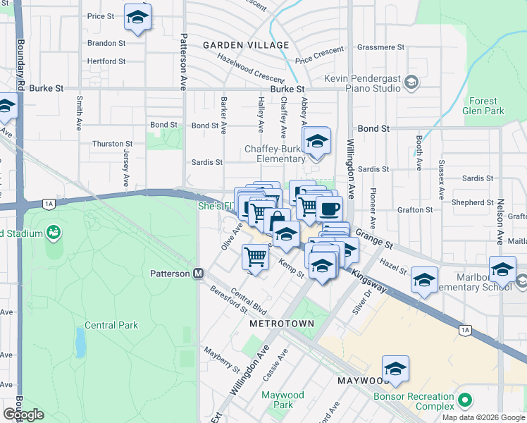 map of restaurants, bars, coffee shops, grocery stores, and more near 5899 Wilson Avenue in Burnaby