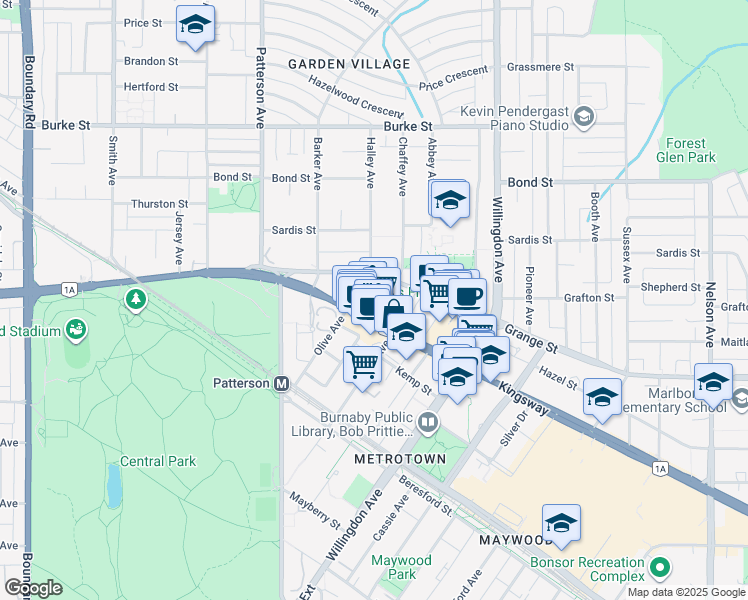 map of restaurants, bars, coffee shops, grocery stores, and more near 5899 Wilson Avenue in Burnaby