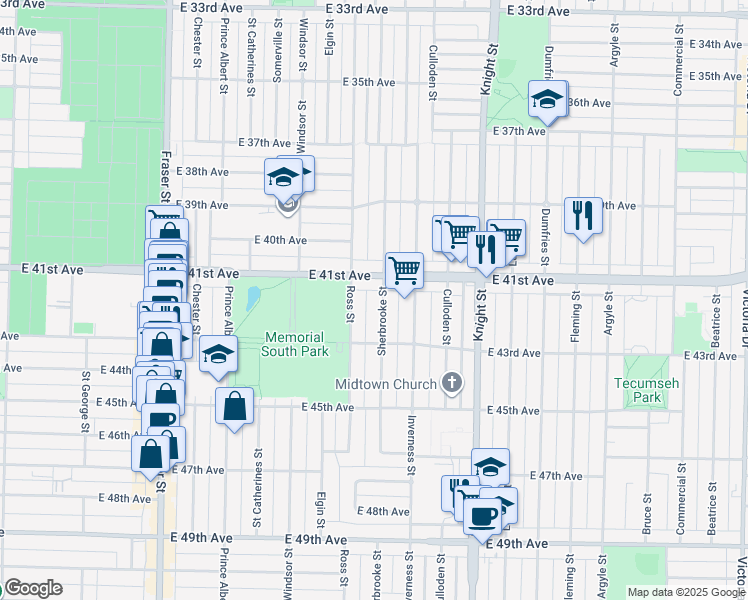 map of restaurants, bars, coffee shops, grocery stores, and more near 5771 Sherbrooke Street in Vancouver