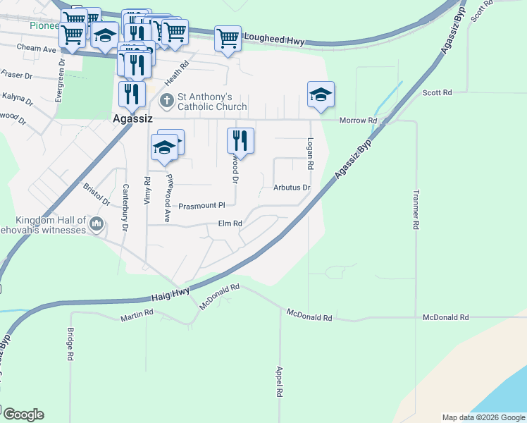 map of restaurants, bars, coffee shops, grocery stores, and more near 7348 Elm Road in Agassiz