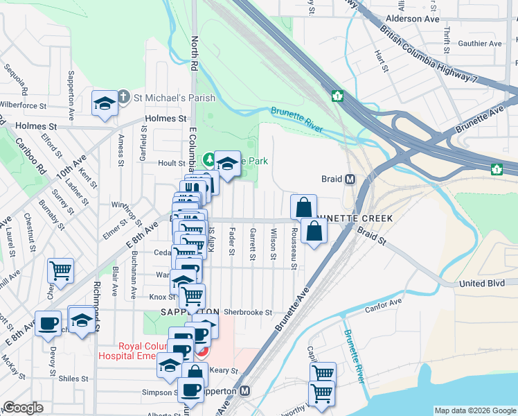 map of restaurants, bars, coffee shops, grocery stores, and more near 116 Braid Street in New Westminster
