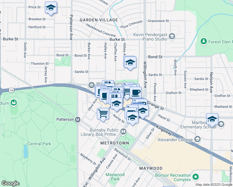map of restaurants, bars, coffee shops, grocery stores, and more near in Burnaby