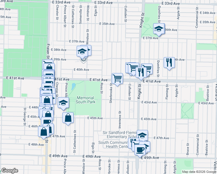 map of restaurants, bars, coffee shops, grocery stores, and more near in Vancouver