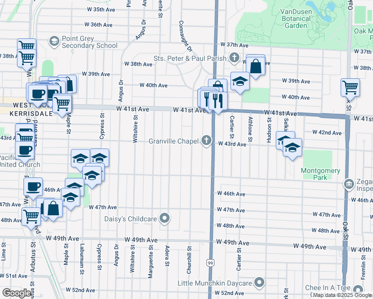 map of restaurants, bars, coffee shops, grocery stores, and more near 5937 Churchill Street in Vancouver