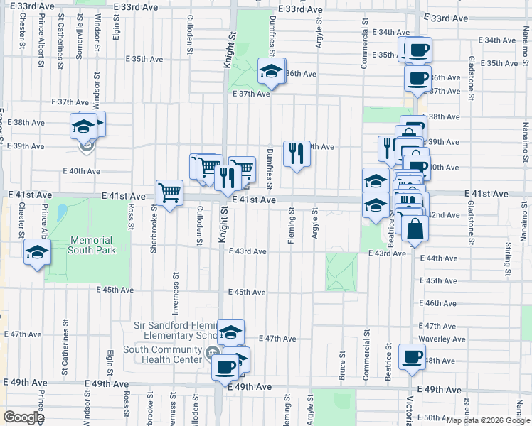 map of restaurants, bars, coffee shops, grocery stores, and more near 5755 Dumfries Street in Vancouver