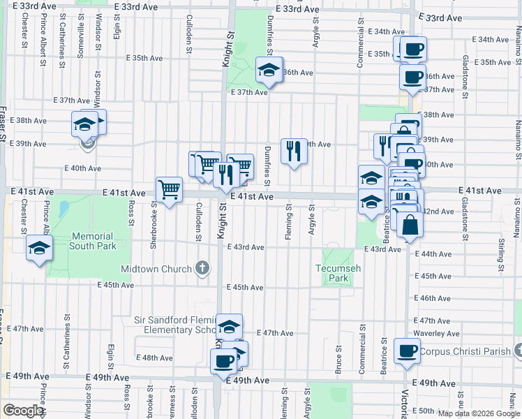 map of restaurants, bars, coffee shops, grocery stores, and more near 5755 Dumfries Street in Vancouver