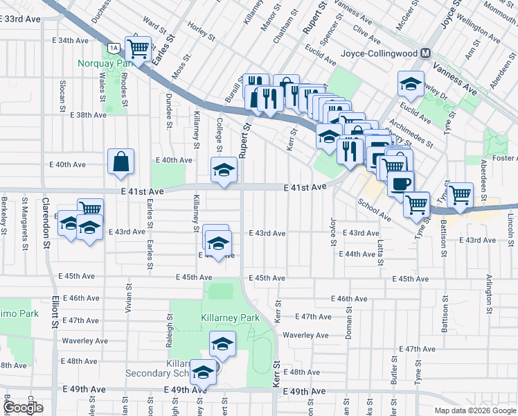 map of restaurants, bars, coffee shops, grocery stores, and more near 5739 Lancaster Street in Vancouver