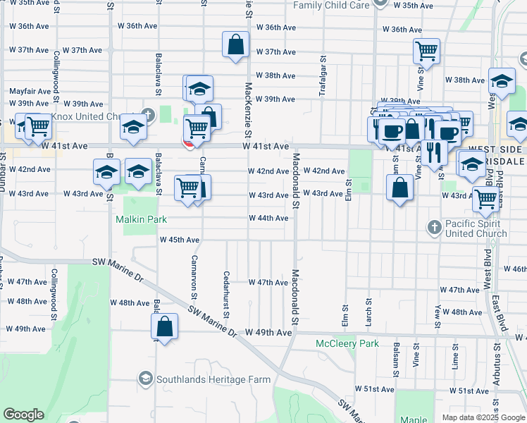 map of restaurants, bars, coffee shops, grocery stores, and more near 2867 West 44th Avenue in Vancouver
