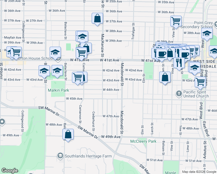 map of restaurants, bars, coffee shops, grocery stores, and more near 2867 West 44th Avenue in Vancouver