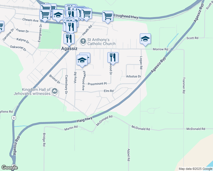 map of restaurants, bars, coffee shops, grocery stores, and more near 7324 Prasmount Place in Agassiz