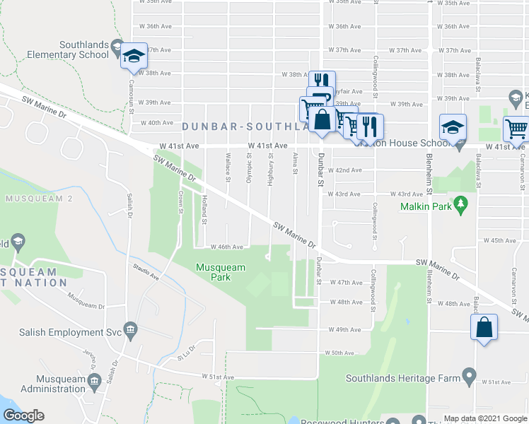 map of restaurants, bars, coffee shops, grocery stores, and more near 3809 Southwest Marine Drive in Vancouver