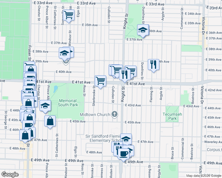 map of restaurants, bars, coffee shops, grocery stores, and more near 5761 Culloden Street in Vancouver