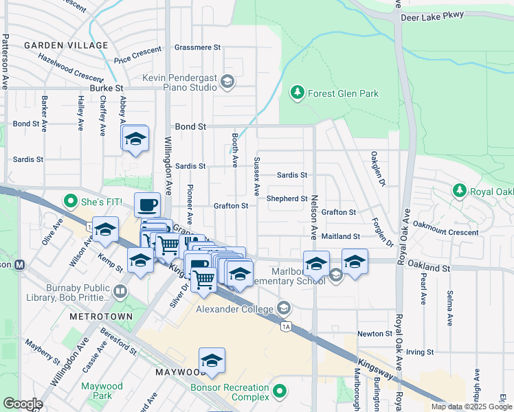 map of restaurants, bars, coffee shops, grocery stores, and more near Grafton Street in Burnaby