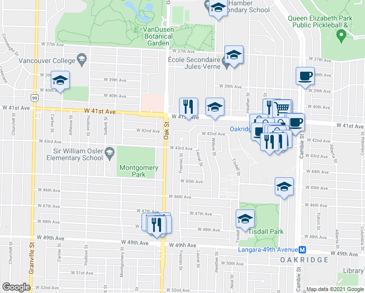 map of restaurants, bars, coffee shops, grocery stores, and more near 5890 Fremlin Street in Vancouver
