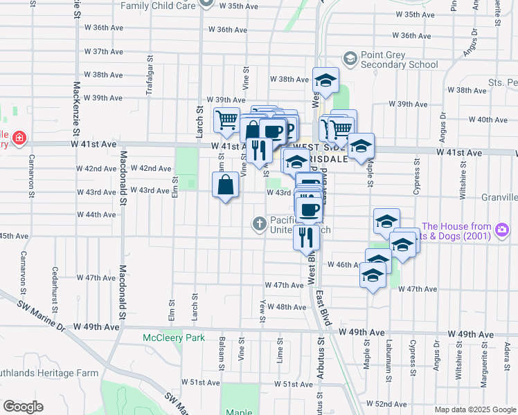 map of restaurants, bars, coffee shops, grocery stores, and more near 5955 Yew Street in Vancouver