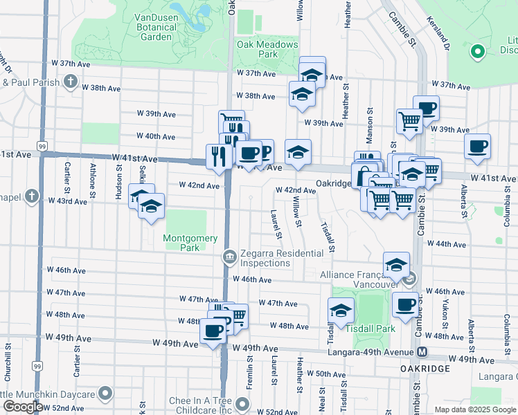 map of restaurants, bars, coffee shops, grocery stores, and more near 869 West 43rd Avenue in Vancouver