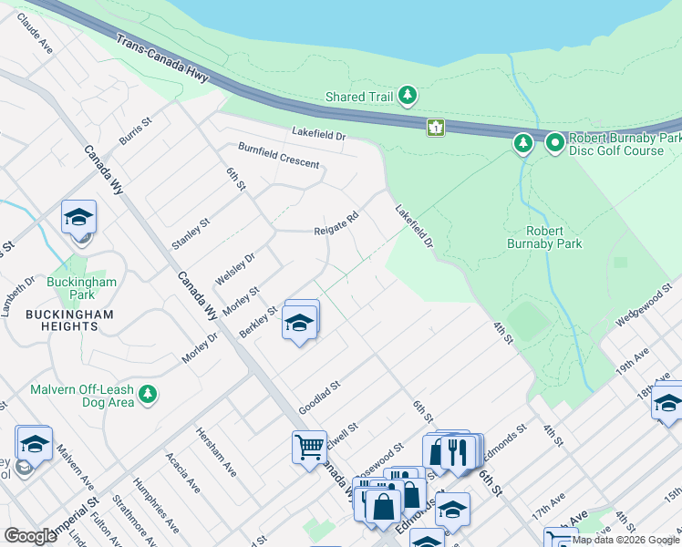 map of restaurants, bars, coffee shops, grocery stores, and more near 8040 Leeds Court in Burnaby