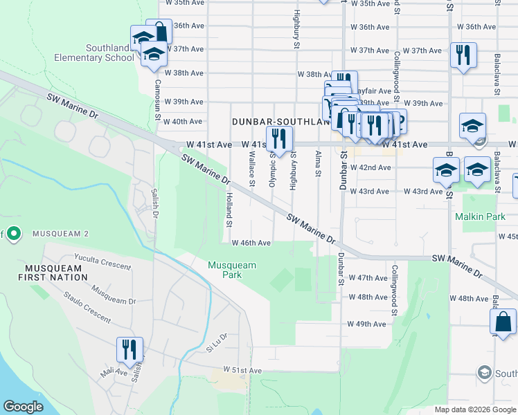map of restaurants, bars, coffee shops, grocery stores, and more near 3880 Southwest Marine Drive in Vancouver