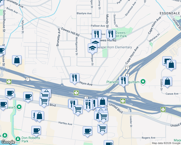 map of restaurants, bars, coffee shops, grocery stores, and more near 2093 Concord Avenue in Coquitlam