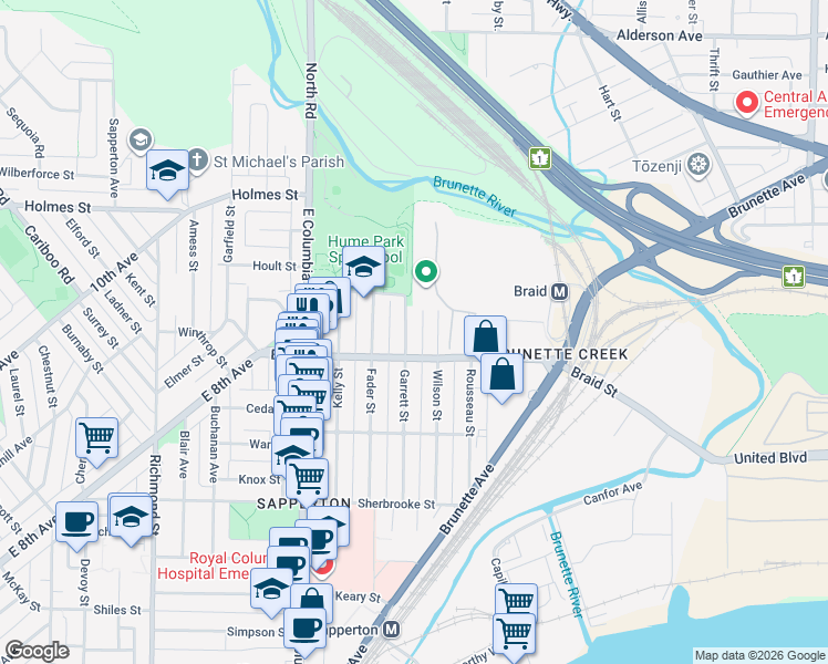 map of restaurants, bars, coffee shops, grocery stores, and more near 512 Garrett Street in New Westminster