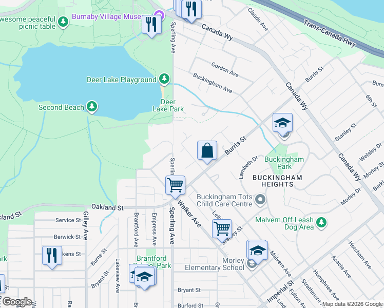 map of restaurants, bars, coffee shops, grocery stores, and more near 5780 Malvern Avenue in Burnaby