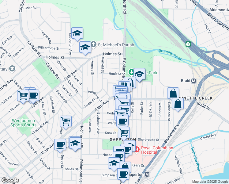 map of restaurants, bars, coffee shops, grocery stores, and more near 487 East 8th Avenue in New Westminster