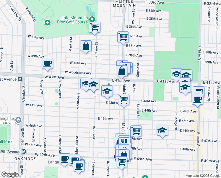map of restaurants, bars, coffee shops, grocery stores, and more near 5828 Quebec Street in Vancouver