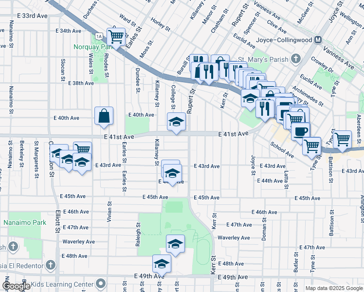 map of restaurants, bars, coffee shops, grocery stores, and more near 2977 East 42nd Avenue in Vancouver