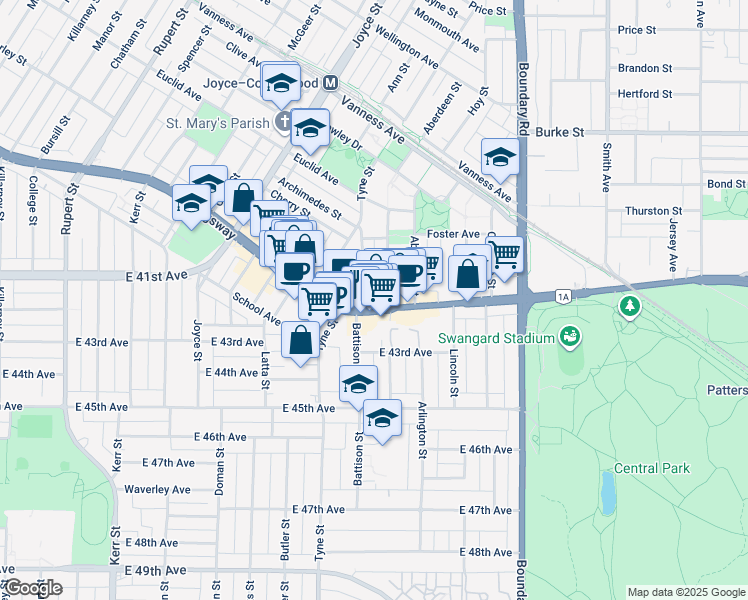 map of restaurants, bars, coffee shops, grocery stores, and more near in Vancouver