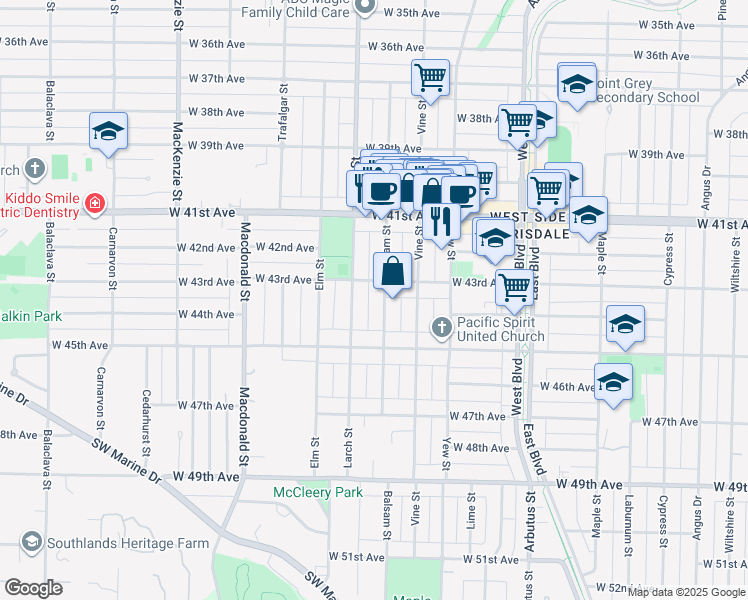map of restaurants, bars, coffee shops, grocery stores, and more near 5955 Balsam Street in Vancouver