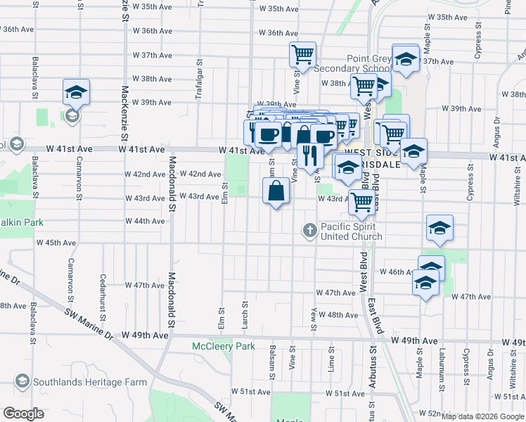 map of restaurants, bars, coffee shops, grocery stores, and more near 5955 Balsam Street in Vancouver