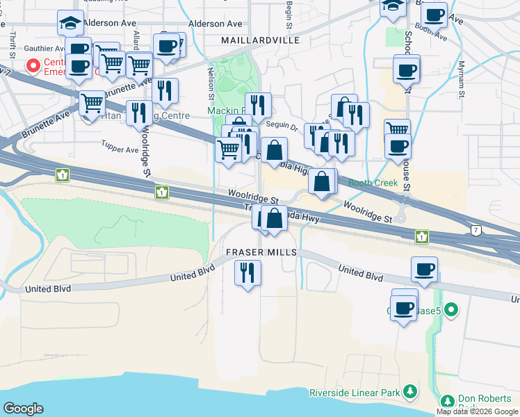 map of restaurants, bars, coffee shops, grocery stores, and more near King Edward Street in Coquitlam