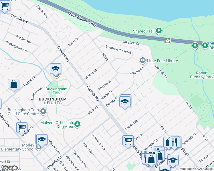 map of restaurants, bars, coffee shops, grocery stores, and more near 7864 Welsley Drive in Burnaby