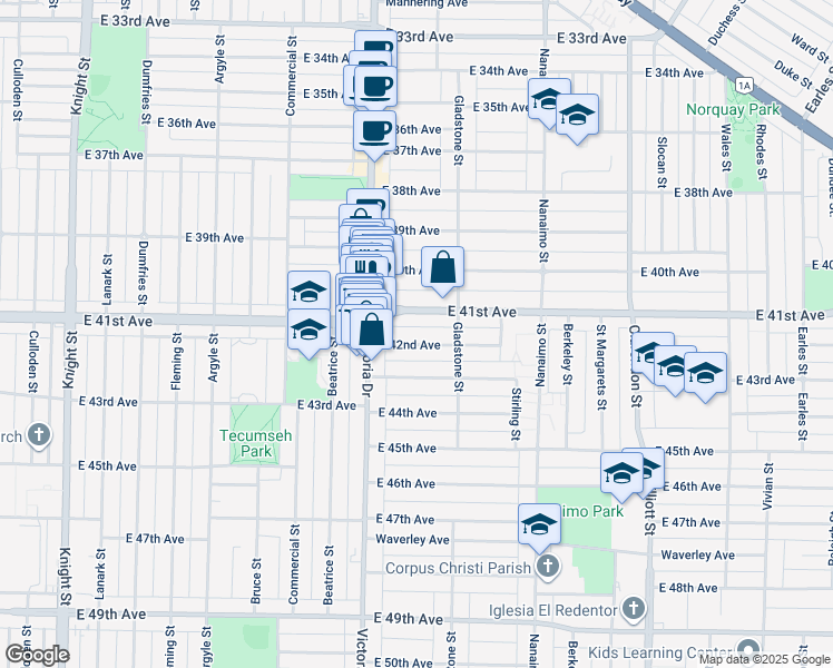map of restaurants, bars, coffee shops, grocery stores, and more near in Vancouver