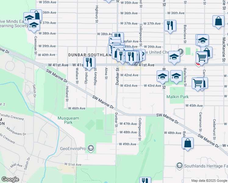 map of restaurants, bars, coffee shops, grocery stores, and more near in Vancouver