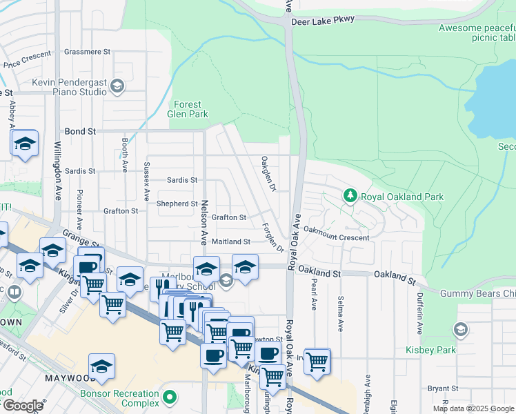 map of restaurants, bars, coffee shops, grocery stores, and more near Forglen Drive in Burnaby