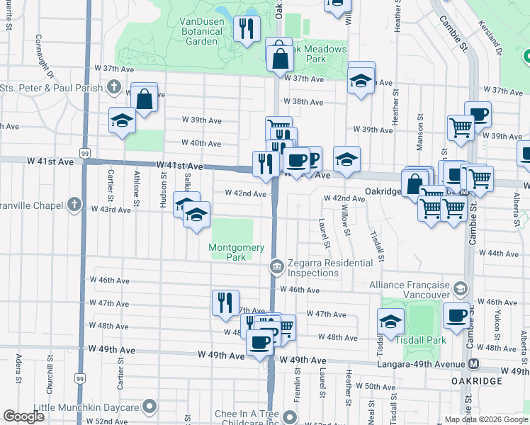map of restaurants, bars, coffee shops, grocery stores, and more near 1001 West 43rd Avenue in Vancouver