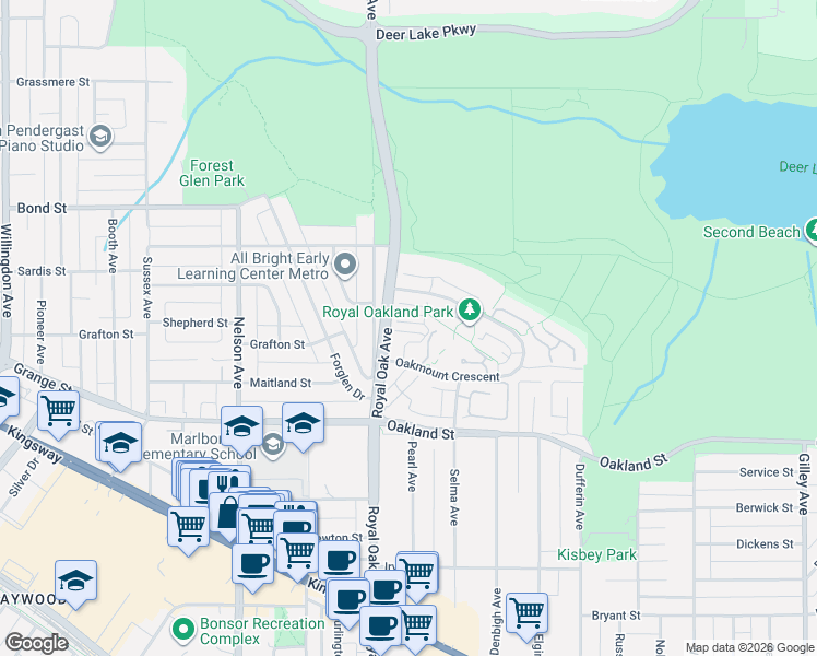 map of restaurants, bars, coffee shops, grocery stores, and more near 5625 Royal Oak Avenue in Burnaby