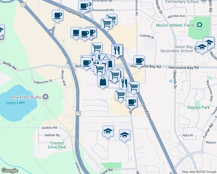 map of restaurants, bars, coffee shops, grocery stores, and more near 6540 Metral Drive in Nanaimo