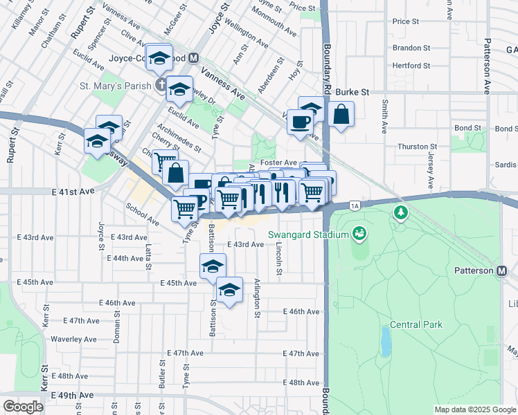 map of restaurants, bars, coffee shops, grocery stores, and more near 3549 Kingsway in Vancouver