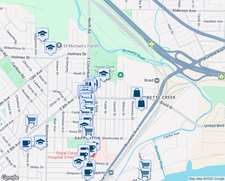 map of restaurants, bars, coffee shops, grocery stores, and more near 513 Garrett Street in New Westminster