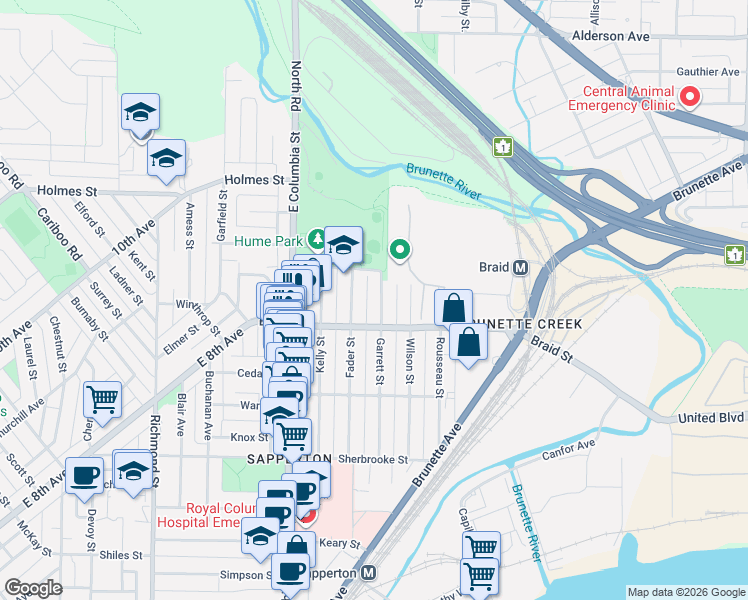 map of restaurants, bars, coffee shops, grocery stores, and more near 513 Garrett Street in New Westminster