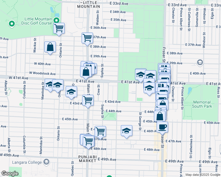 map of restaurants, bars, coffee shops, grocery stores, and more near 5760 Sophia Street in Vancouver