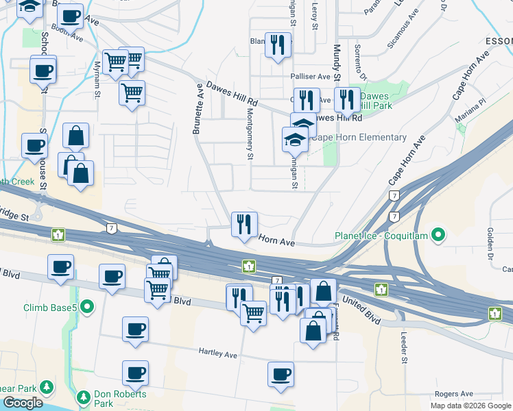 map of restaurants, bars, coffee shops, grocery stores, and more near 2063 Concord Avenue in Coquitlam