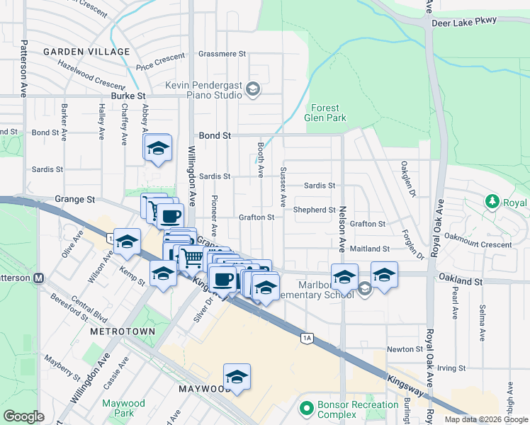 map of restaurants, bars, coffee shops, grocery stores, and more near 4665 Grafton Street in Burnaby