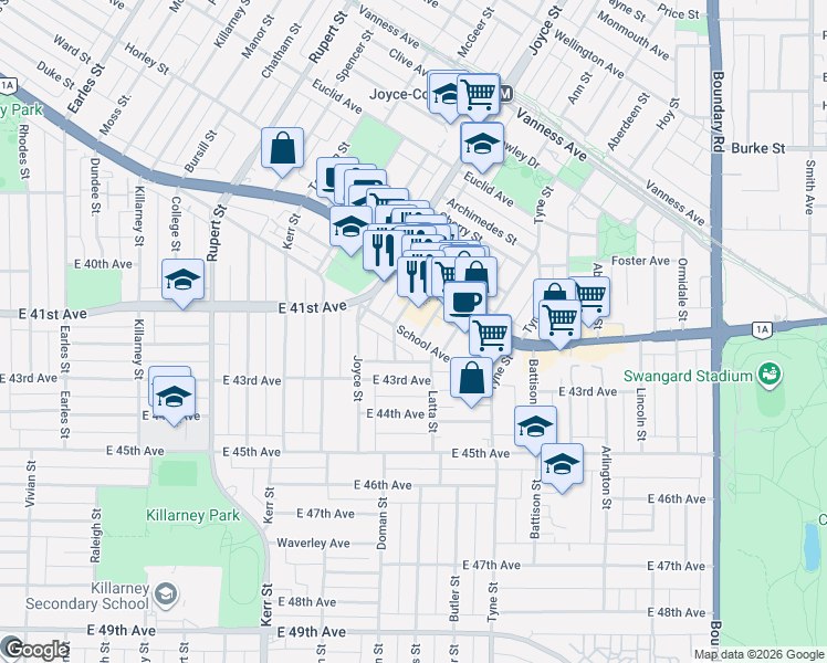 map of restaurants, bars, coffee shops, grocery stores, and more near 3253 School Avenue in Vancouver